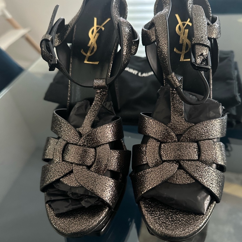 YSL Metallic Black Strappy Heels